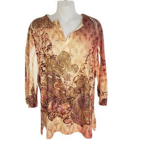Chico's Womens Top Size 1 Medium 8 Sequins Paisley 3/4 Sleeve V Neck Multicolor